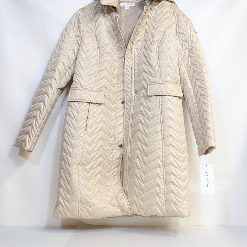Via Spiga Stone Colored Zigzag Quilted Hooded Jacket Women - Picture 7 of 12